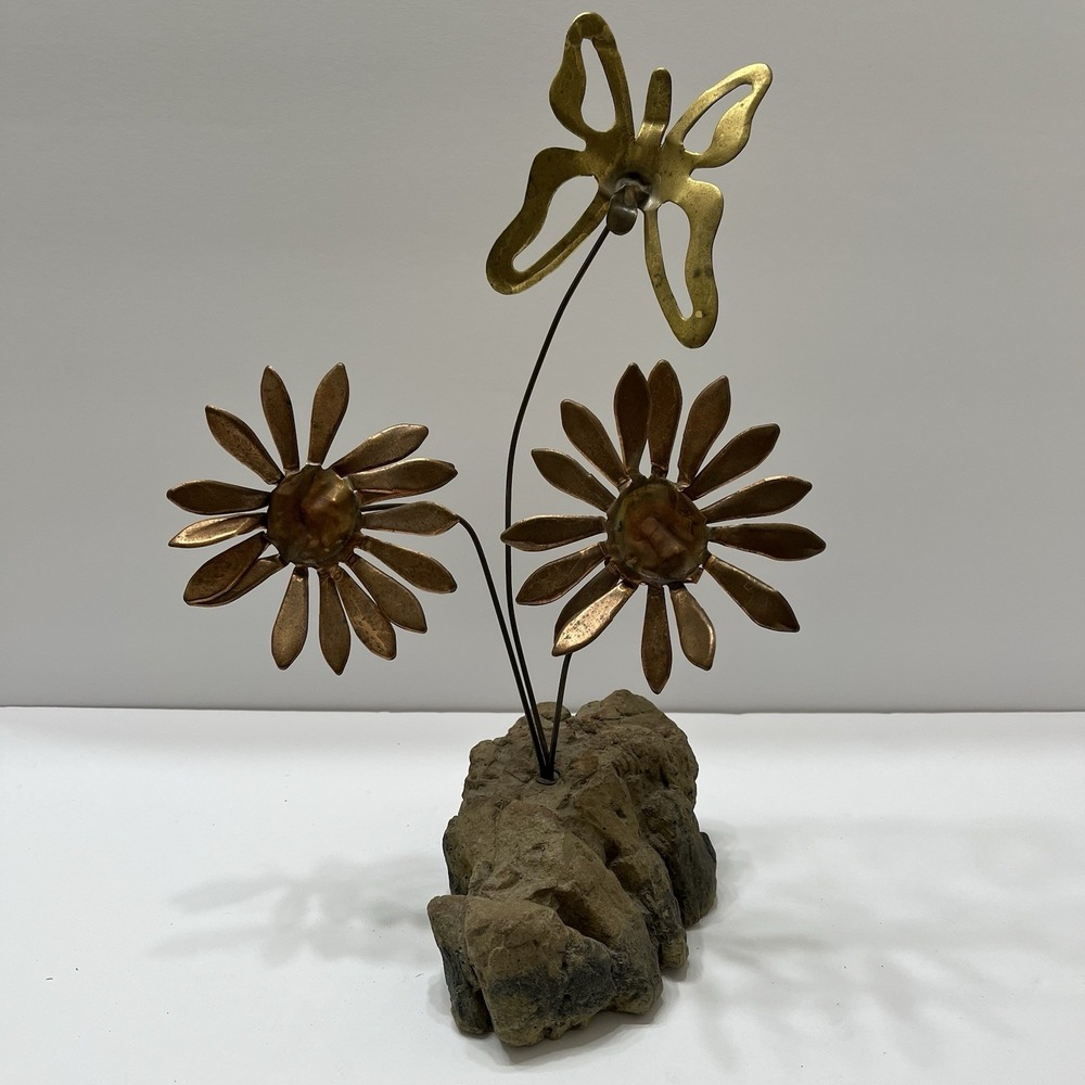 Vintage Tabletop Sculpture Brass Butterfly Copper Toned Metal Daisies Rock Base
